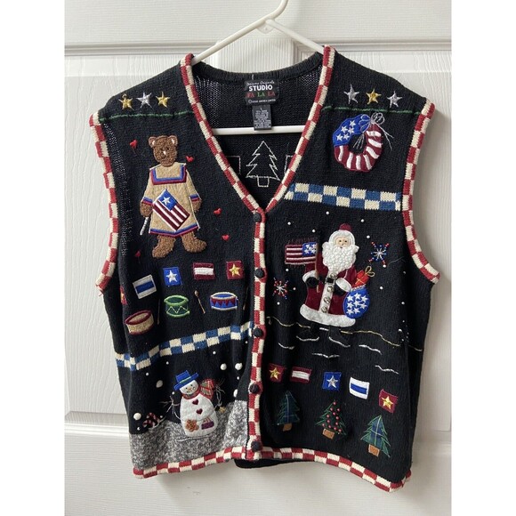 Designer Origional Studio Womens Large Black All Holidays Knit Decorated Vest - Picture 8 of 8